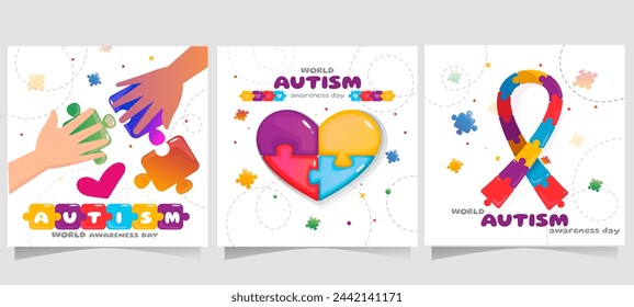 Set of World autism day posters. Covers with children hands holding puzzle, ribbon and heart. Autism and Mental Disorders Awareness. Cartoon flat vector illustrations isolated on white background