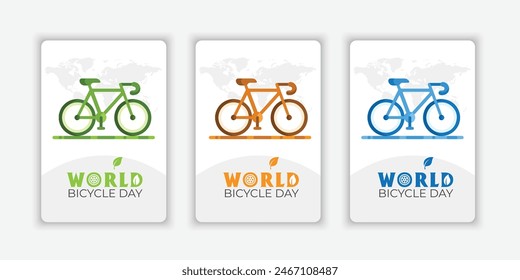 Póster del Día Mundial de la Bicicleta con silueta colorida. icono de bicicleta colorido. Silueta de bicicleta aislada sobre un fondo verde. Póster del Día de la Bicicleta