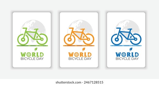 Póster del Día Mundial de la Bicicleta con silueta colorida. icono de bicicleta colorido. Silueta de bicicleta aislada sobre un fondo verde. Póster del Día de la Bicicleta