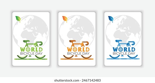 Set World Bicycle Day Poster with colorful silhouette. colorful bicycle icon. Bike silhouette isolated on a green background. Bicycle Day Poster