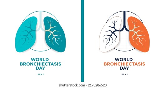 Set of World Bronchiectasis Day Square Vector Illustrations. Teal. Blue and orange color. July 1. Pair of lungs inflamed with mucus caused by Bronchiectasis. Modern and minimalist concept. Editable