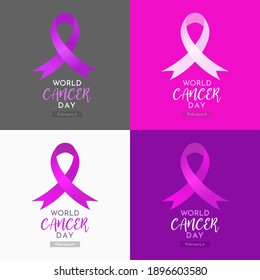 Set of World Cancer Day Poster on February 4 vector illustration with 4 colour variation and ribbon. Square banner perfect for social media post