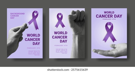 Set of World Cancer Day Posters with Hand Collage. Modern Style Purple Ribbon Concept with Trendy Fonts. Lavender Ribbon. Vector Illustration Symbol of Fight Against Cancer.