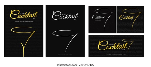 Set of World Cocktail Day Design. Gold and white cocktail glass with World Cocktail Day typographic script design and 200 names of Cocktails. Elegant and minimalistic design. Vector Illustration.