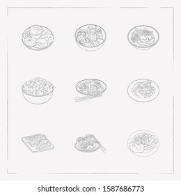 Set of world cuisine icons line style symbols with meal, belarus draniki, american mac with cheese and other icons for your web mobile app logo design.