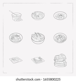 Set of world cuisine icons line style symbols with khachapuri adjaruli, swiss fondue, thAI tom yung kung and other icons for your web mobile app logo design.