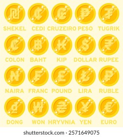 Set of world currency coin icon vector, featuring diverse designs of shiny gold coins with sparkles and clean styles, ideal for global finance, games, or educational themes