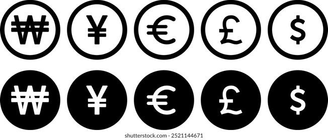 Set of world currency symbol in black outline and black filling