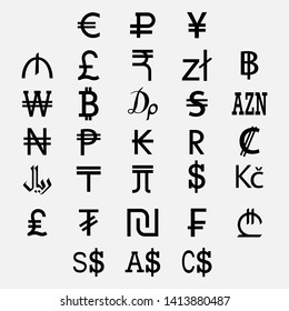 SET OF WORLD CURRENCY SYMBOLS. White background
