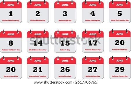 Set of world day calendar icons of june-2025, vector, png