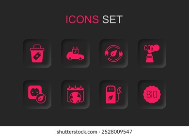 Set World Earth day, Electric car, Trash can, Petrol gas station, CO2 emissions in cloud, Banner for bio, saving plug leaf and Electrical outlet icon. Vector