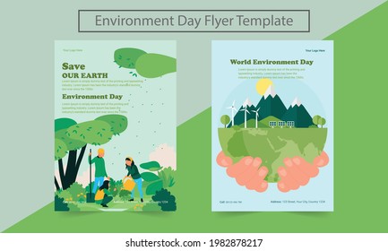 Set of World Environment Day flyer with green backgrounds, leaves and elements. Layouts for prints, flyers, covers, banners design. Vector illustration.