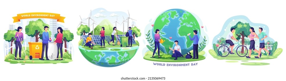 Set of World environment day with people are taking care of the earth by gardening and cleaning save planet. Flat style vector illustration