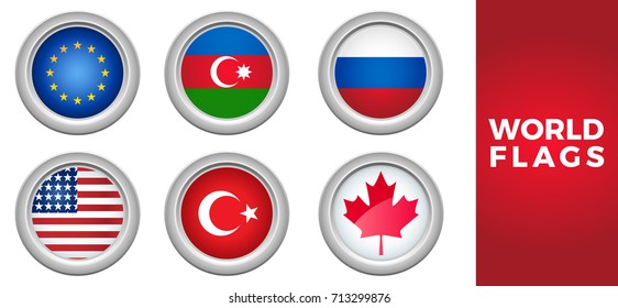 Set Of World European Flags United States Azerbaijan Turkey Russia Canada Flag Icon Sticker