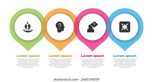 Establecer expansión mundial, Cabeza con signo de interrogación y Objetivo. Plantilla de infografía de negocios. Vector