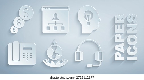 Set World expansão, Humano com lâmpada, Telefone 24 horas de suporte, Fones de ouvido, educação on-line e crescimento financeiro e ícone do dólar. Vetor