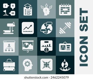 Set World expansion, Identification badge, Dumbbell, Project team base, Financial growth increase, Treadmill machine, Planning strategy and Worldwide icon. Vector