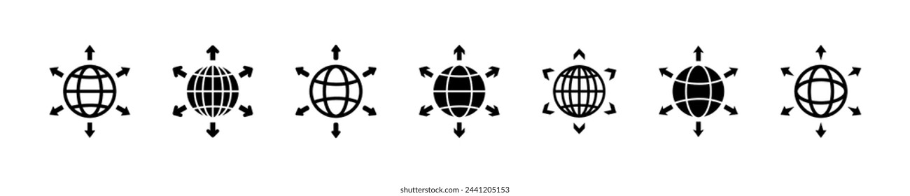 Set of world expansion vector icons. Globe with arrows. Worldwide international transfer or export.