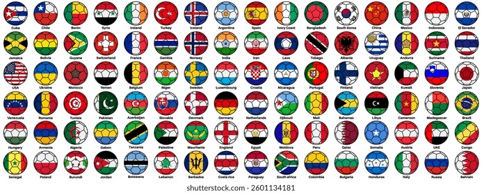 set of world flag on soccer ball. national football icon symbol vector illustration