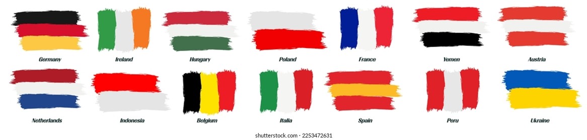 Set of World Flags in Grunge Brush Stroke. Vector Illustration