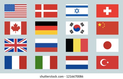 Set of world flags icons. USA, Denmark, Israel, Switzerland, Canada, Germany, South Korea, China, Great Britain, Russia, Belgium, Japan, France, Italy, Netherlands, Turkey. Vector illustration