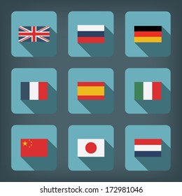 Set of world flags in modern flat design with shadows on isolated buttons. Eps10 vector illustration