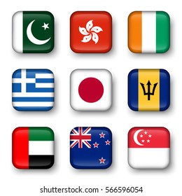Set of world flags quadrangular badges ( Pakistan . Hong kong . Ivory Coast . Greece . Japan . Barbados . UAE . New zealand . Singapore )