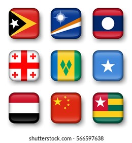 Set of world flags quadrangular badges ( East Timor . Marshall Islands . Laos . Georgia . Saint Vincent and the Grenadines . Somalia . Yemen . China . Togo )