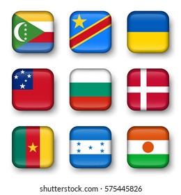 Set of world flags quadrangular badges ( Comoros . Democratic Republic of the Congo . Ukraine . Samoa , Bulgaria . Denmark . Cameroon . Honduras . Niger )