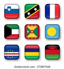 Set of world flags quadrangular badges ( Slovenia . Saint Kitts and Nevis . France . Kuwait . Grenada . Palau . Cape Verde . Mauritius . Malawi )