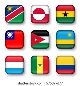 Set of world flags quadrangular badges ( Namibia . Greenland . Ghana . Taiwan . Jordan . Rwanda . Luxembourg . Senegal . Colombia )