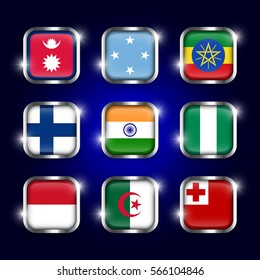 Set of world flags quadrangular glass buttons with steel border and twinkle ( Nepal . Micronesia . Ethiopia . Finland . India . Nigeria . Monaco . Algeria . Tonga )