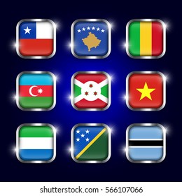 Set of world flags quadrangular glass buttons with steel border and twinkle ( Chile . Kosovo . Mali . Azerbaijan . Burundi . Vietnam . Sierra Leone . Solomon Islands . Botswana )