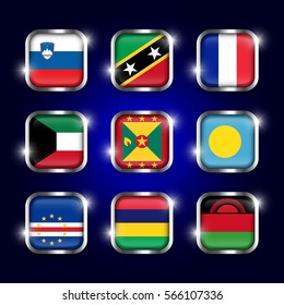 Set of world flags quadrangular glass buttons with steel border and twinkle ( Slovenia . Saint Kitts and Nevis . France . Kuwait . Grenada . Palau . Cape Verde . Mauritius . Malawi )