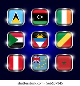 Set of world flags quadrangular glass buttons with steel border and twinkle ( Saint Lucia . Libya . ireland . Sudan . Antigua and Barbuda . Republic of the Congo . Peru . Tuvalu . Morocco )