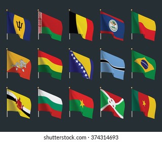 Set of world flags. Realistic waving flags.