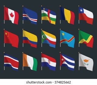 Set of world flags. Realistic waving flags.
