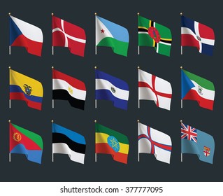 Set of world flags. Realistic waving flags.