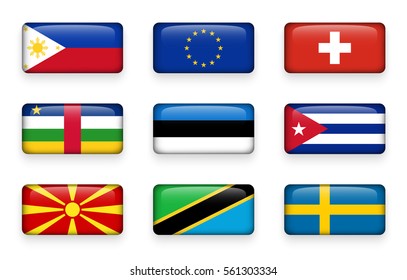 Set of world flags rectangle buttons ( Philippines . European union (EU) . Switzerland . Central African Republic . Estonia . Cuba . Macedonia . Tanzania . Sweden )