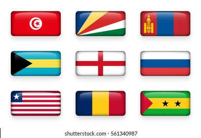 Set of world flags rectangle buttons ( Tunisia . Seychelles . Mongolia . Bahamas . England . Russia . Liberia . Chad . Sao Tome and Principe )