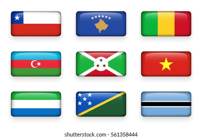 Set of world flags rectangle buttons ( Chile . Kosovo . Mali . Azerbaijan . Burundi . Vietnam . Sierra Leone . Solomon Islands . Botswana )