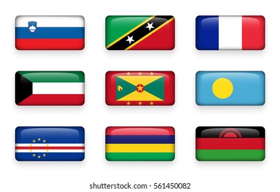 Set of world flags rectangle buttons ( Slovenia . Saint Kitts and Nevis . France . Kuwait . Grenada . Palau . Cape Verde . Mauritius . Malawi )