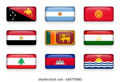 Set of world flags rectangle buttons ( Papua New Guinea . Argentina . Kyrgyzstan . Egypt . Sri Lanka. Tajikistan . Lebanon . Cambodia . Kiribati )