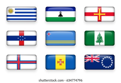 Set of world flags rectangle buttons ( Uruguay . Lesotho . Guernsey . Netherlands Antilles . Aruba . Norfolk Island . Faroe Islands . Madeira . Cook Islands )