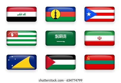 Set of world flags rectangle buttons ( Iraq . New Caledonia . Puerto Rico . Abkhazia . Saudi Arabia . Iran . Tokelau . Palestine . Transnistria )