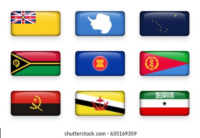 Set of world flags rectangle buttons ( Niue . Antarctica . Alaska . Vanuatu . ASEAN . Eritrea . Angola . Brunei Darussalam . Somaliland )