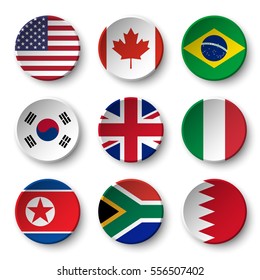 Set of world flags round badges ( USA . Canada . Brazil . South korea . United kingdom of great britain . Italy . North korea . South africa . Bahrain )