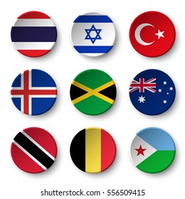 Set of world flags round badges ( Thailand . Israel . Turkey . Iceland . Jamaica , australia , Trinidad and tobago . Belgium . Djibouti )