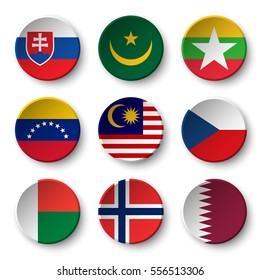 Set of world flags round badges ( Slovakia . Mauritania . Myanmar . Venezuela . Malaysia . Czech . Madagascar . Norway . Qatar )