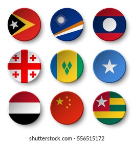 Set of world flags round badges ( East Timor . Marshall Islands . Laos . Georgia . Saint Vincent and the Grenadines . Somalia . Yemen . China . Togo )